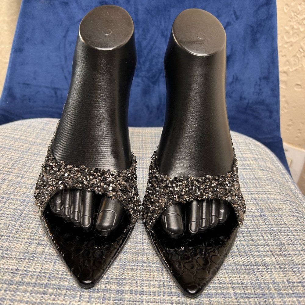 Black Pointed Toe Heels with Crystal Embellishments